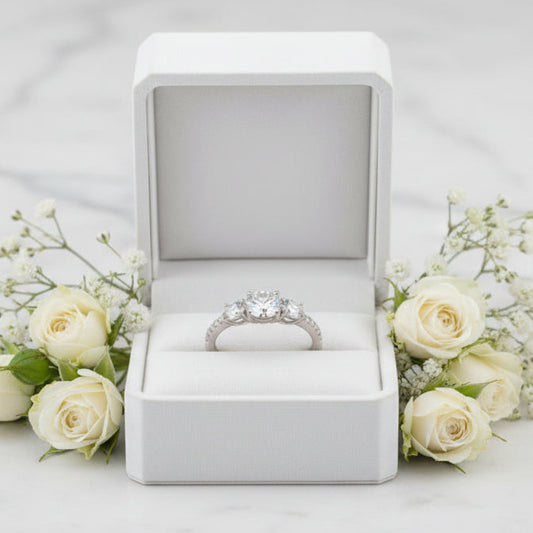 French Three Stone Micro Pavé Sides 1.8 Carat Moissanite Diamond Ring set in Platinum Plated 925 Silver (GRA)