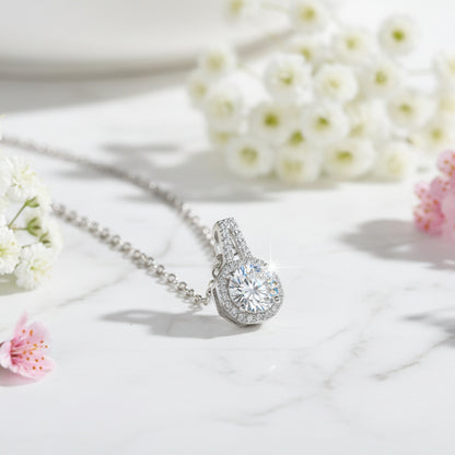 Italian Solitaire Halo Inlay 2 Carat Moissanite Necklace set in Platinum Plated 925 Silver (GRA) Capella Jewellery