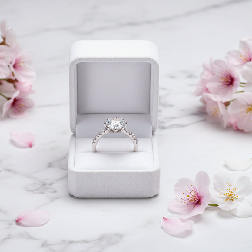 French Eight Awn Star Design 2 Carat Moissanite Diamond Ring set in Platinum 925 Silver (GRA)