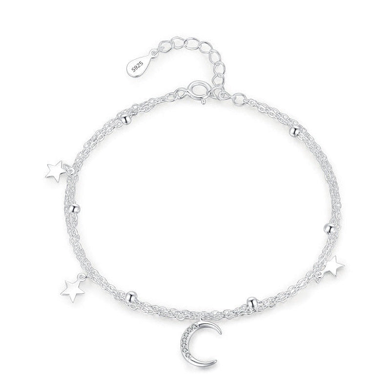 Moon & Stars Micro Zircon Gemstone Twin Layer Bracelet set in 925 Sterling Silver