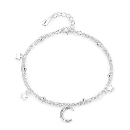 Moon & Stars Micro Natural Zircon Gemstone Twin Layer Bracelet set in Platinum Plated 925 Sterling Silver Capella Jewellery