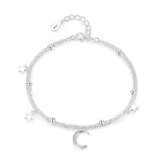 Moon & Stars Micro Natural Zircon Gemstone Twin Layer Bracelet set in Platinum Plated 925 Sterling Silver