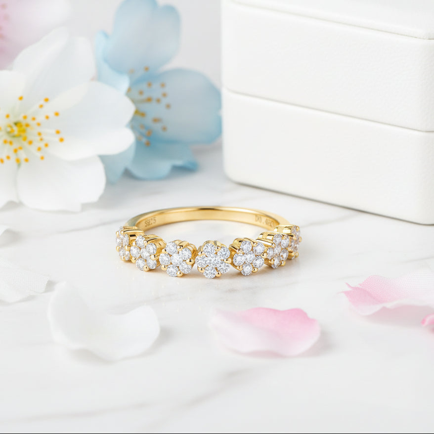 Five Four-Leaf Clover Micro 0.65 Carat Moissanite Diamond Ring set in Platinum Plated 925 Silver