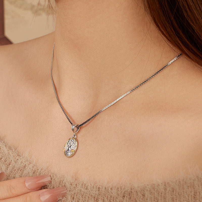 French Designed Queen Elizabeth Portrait Pendant set in Platinum Plated 925 Silver Necklace