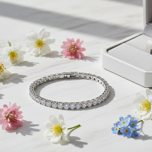 Italian Inspired Tennis Bracelet Full 0.5 Carat Moissanite Diamonds set in 18K White Gold 925 Silver (GRA)