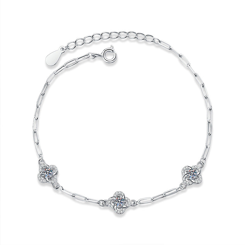 Three Clover 0.6 Carat Moissanite Diamond Bracelet set in 18K White Gold Plated 925 Silver
