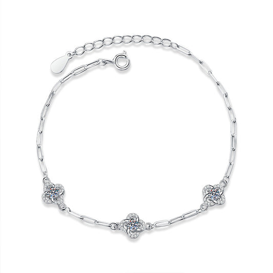 Three Clover 0.6 Carat Moissanite Diamond Bracelet set in 18K White Gold Plated 925 Silver