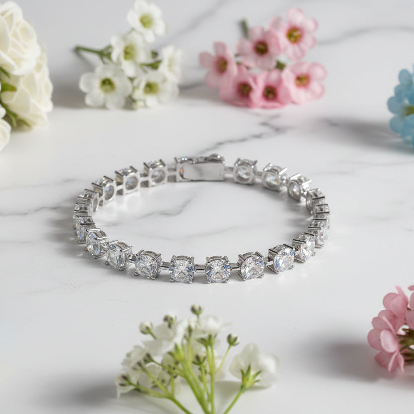 French Time Bracelet Row Of 1 Carat Moissanite set in 18K White Gold Plated 925 Silver (GRA) Capella Jewellery