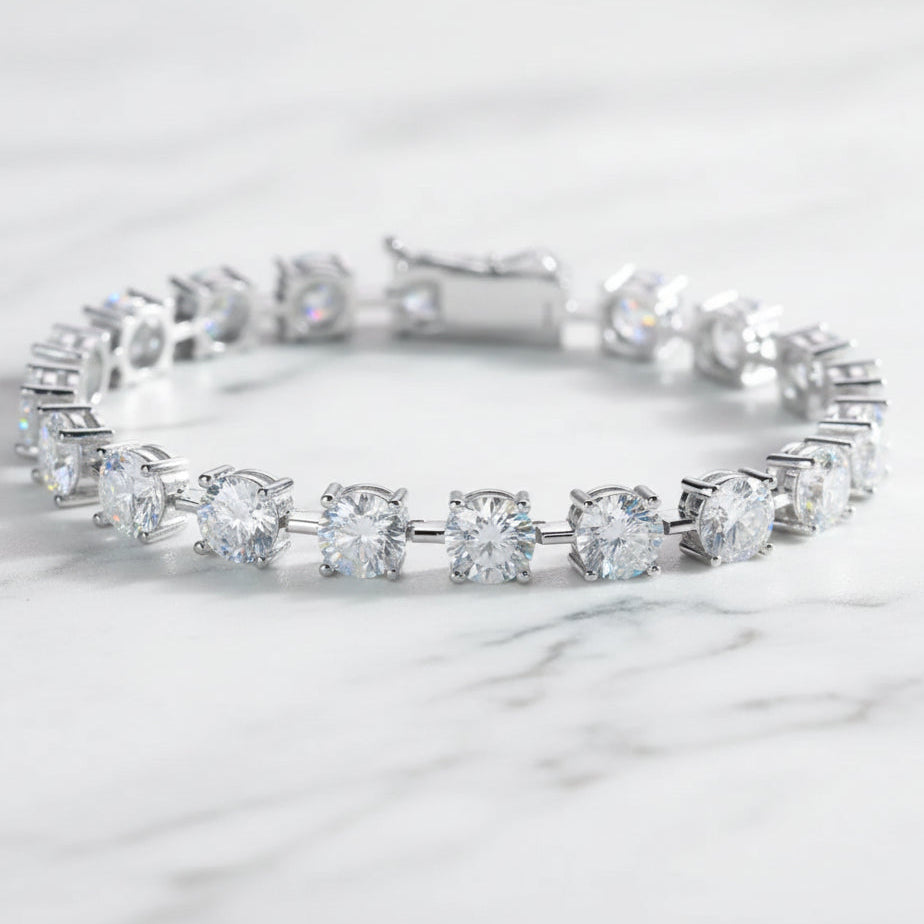 French Time Bracelet Row Of 1 Carat Moissanite set in 18K White Gold Plated 925 Silver (GRA) Capella Jewellery