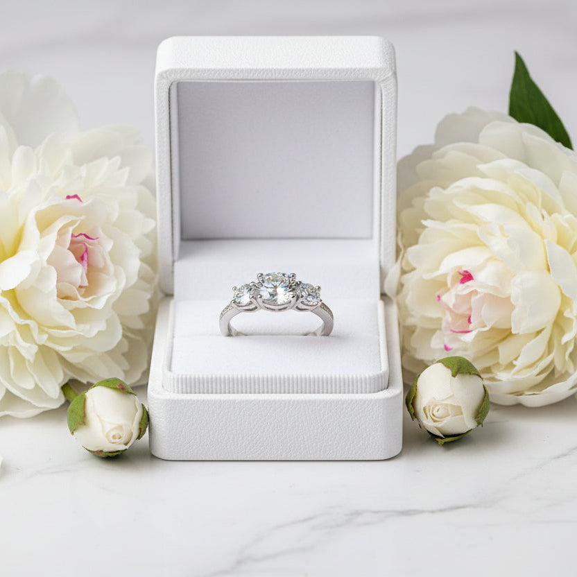 Italian Three Stone 3 Carat Moissanite Diamond Ring set in 18K White Gold Plated 925 Silver (GRA)