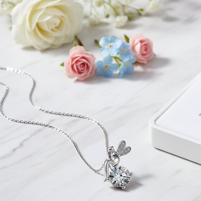 Flower Fairy 1 Carat Moissanite Diamond Pendant set in 18K White Gold Plated 925 Silver (GRA)