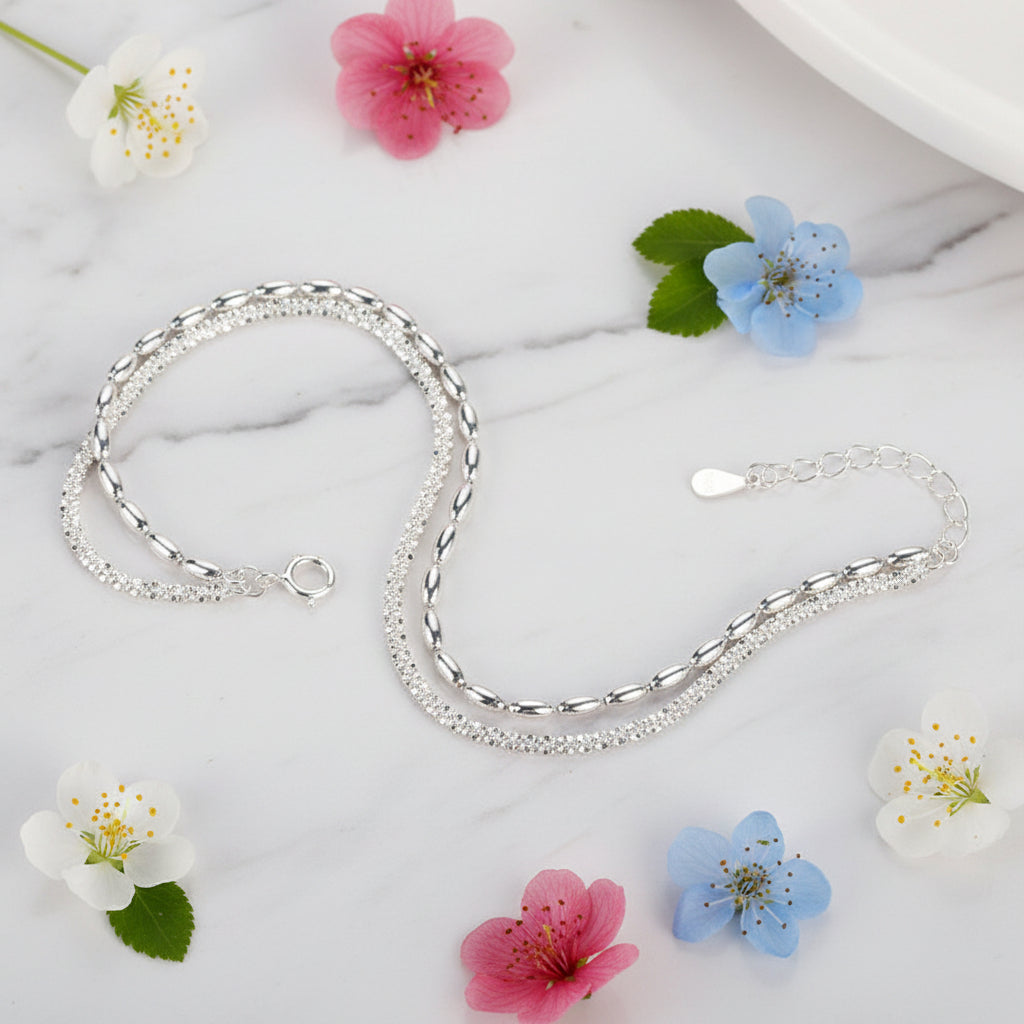 Starry Rice Bead Double Layer Bracelet set in White Gold Plated 925 Sterling Silver