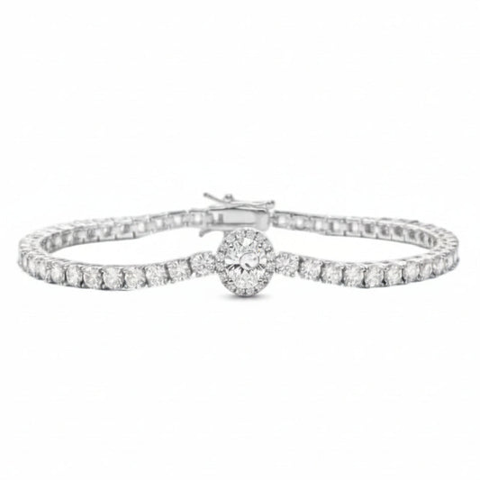 French Tennis Bracelet set in Full Pave (3mm) Natural Zircon Gemstones 18K White Gold Plating