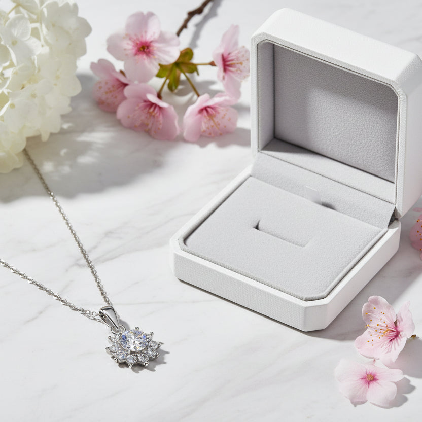French Sunflower Design 1 Carat Moissanite Diamond Pendant Necklace set in 925 Silver (GRA)