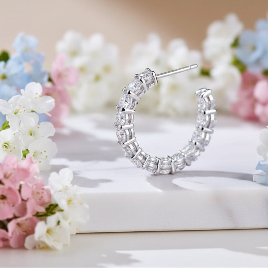 Pavé-Set Hoop 3 Carat High Carbon Diamond Earrings set in 18K White Gold Plated 925 Silver