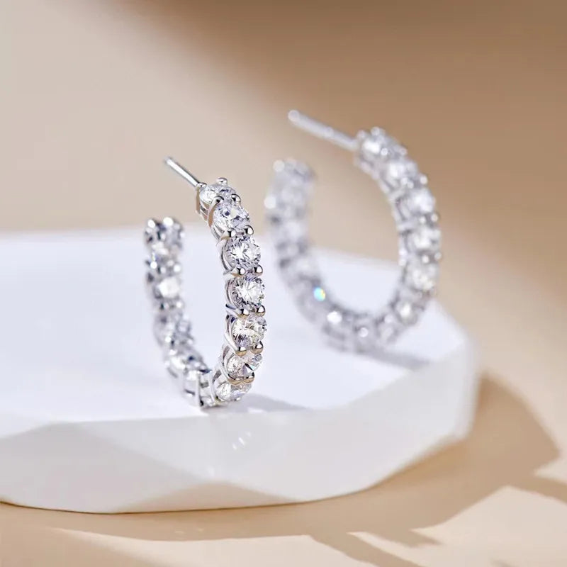 Pavé-Set Hoop 3 Carat High Carbon Diamond Earrings set in 18K White Gold Plated 925 Silver