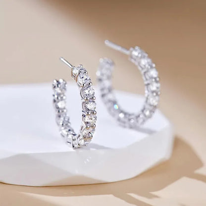 Pavé-Set Hoops 3 Carat High Carbon Diamond Earrings set in 18K White Gold Plated 925 Silver Capella Reya close up front image 2