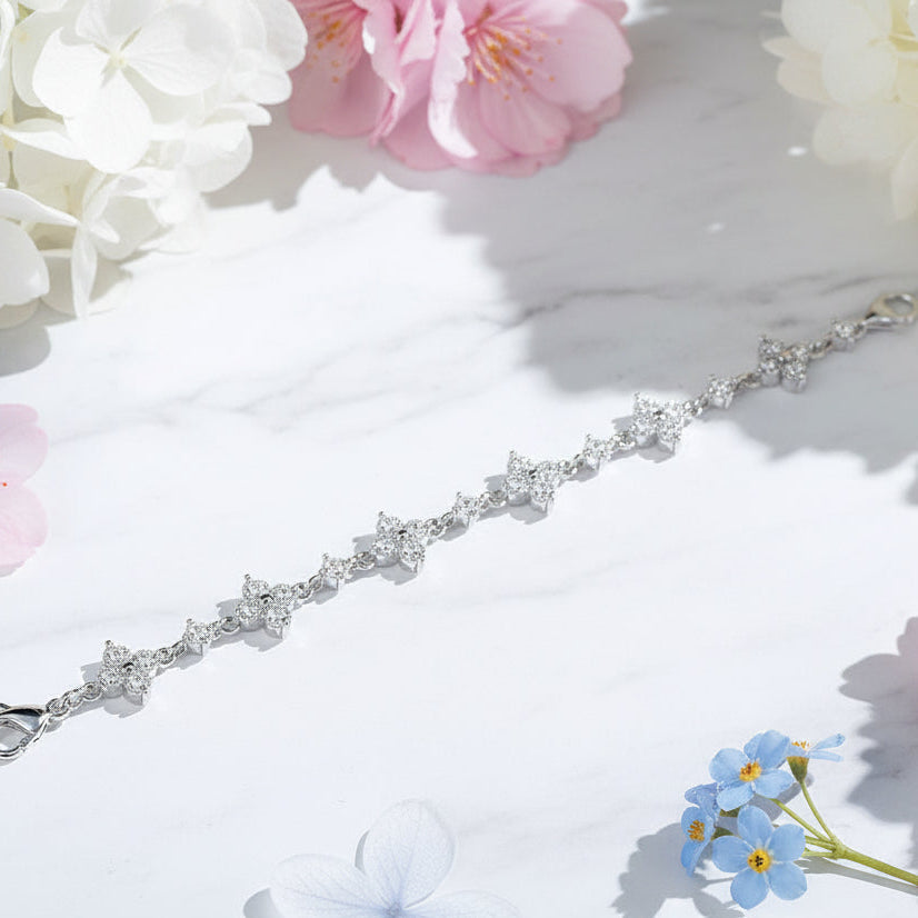 French Five Flower Natural Zircon Gemstone Bracelet set in 18K White Gold Plated 925 Silver Capella Jewellery