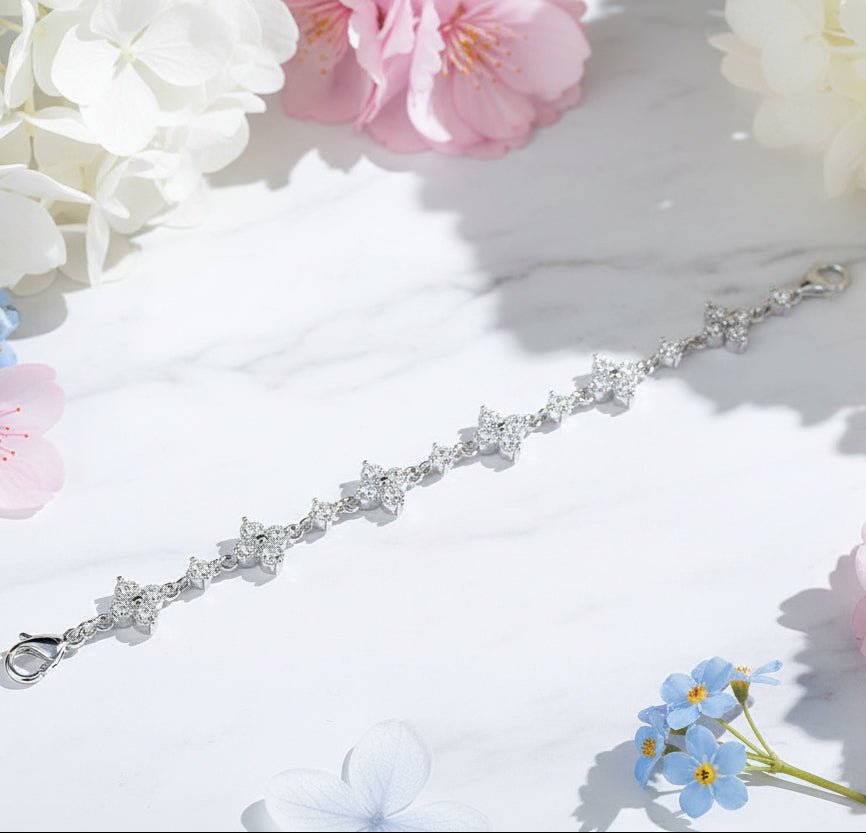 Five Flower Natural Zircon Gemstone Bracelet set in 18K White Gold Plated 925 Silver