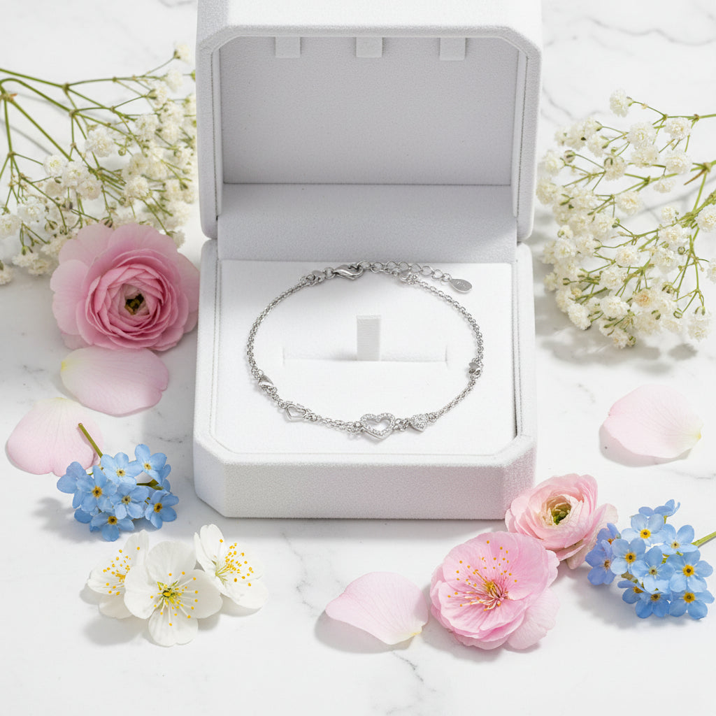 Silver Heart Micro Pavé Natural Zircon Gemstone Bracelet set in 925 Sterling Silver