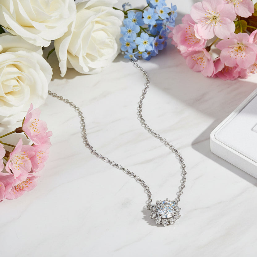 Snowflake Design 1 Carat Moissanite Diamond Necklace set in 18K White Gold Plating (GRA)