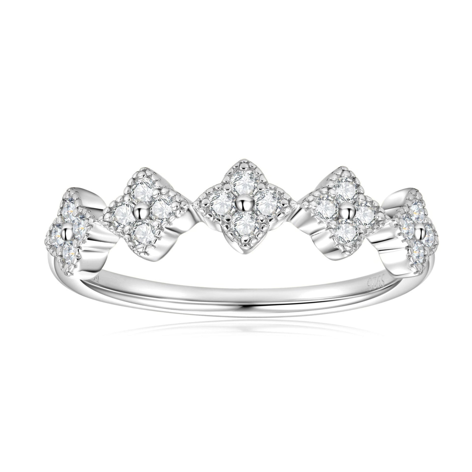 Five Four-Leaf Clover Micro 0.65 Carat Moissanite Diamond Ring set in Platinum Plated 925 Silver