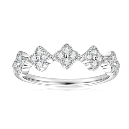 Five Four-Leaf Clover Micro Inlay 0.5 Carat Moissanite Ring set in Platinum Plated 925 Silver Capella Jewellery