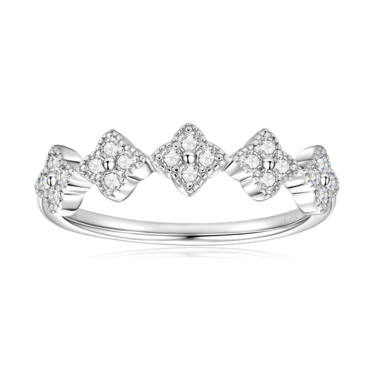 Five Four-Leaf Clover Micro Inlay 0.5 Carat Moissanite Diamond Ring set in Platinum Plated 925 Silver