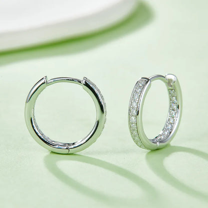 Linear Row European Inspired Hoop Micro Moissanite Earrings set in 18K Gold Plated 925 Silver Capella Reya white gold front and side