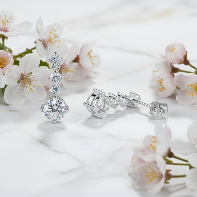 Cascade Drops 2 Carat Moissanite Diamond Earrings set in Platinum Plated 925 Silver (GRA)