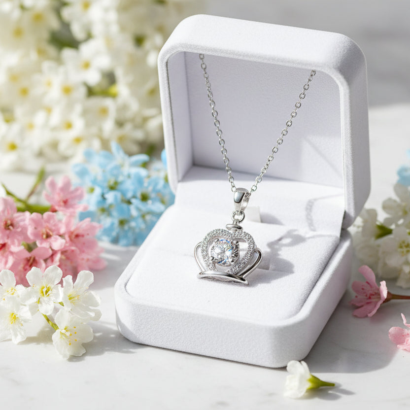 Royal Heart Crown 1 Carat Moissanite Diamond Necklace set in Platinum Plated 925 Silver (GRA)