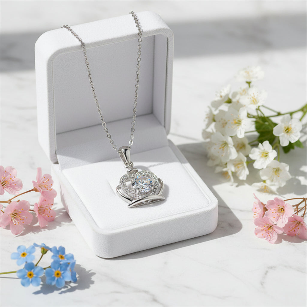 Royal Heart Crown 1 Carat Moissanite Necklace set in Platinum Plated 925 Silver (GRA) Capella Jewellery