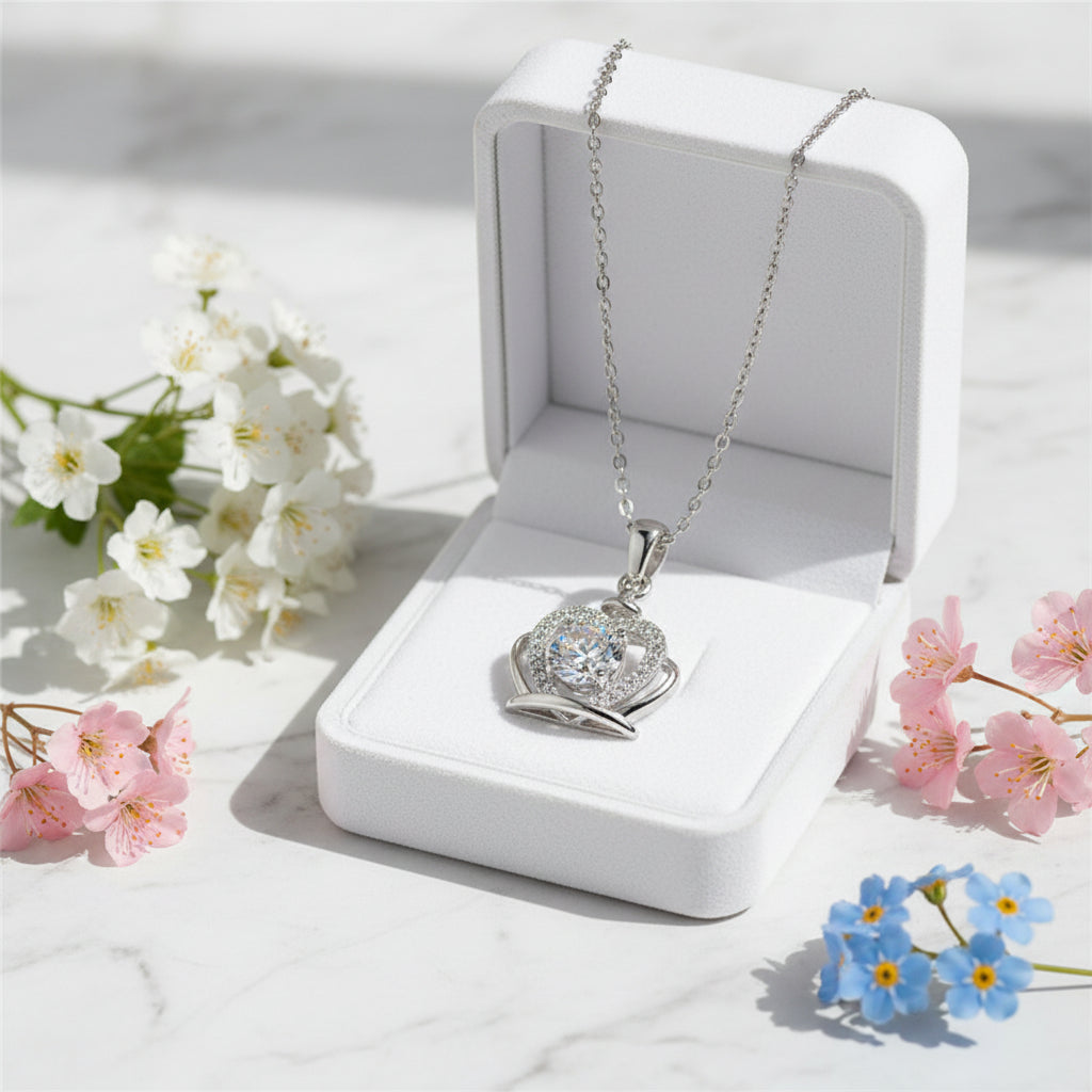 Royal Heart Crown 1 Carat Moissanite Diamond Necklace set in Platinum Plated 925 Silver (GRA)