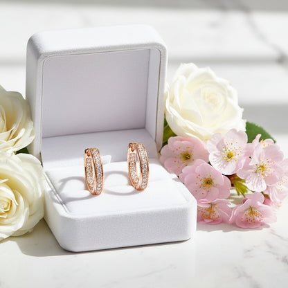Linear Row European Inspired Hoop Micro Moissanite Earrings set in 18K Gold Plated 925 Silver Capella Reya rose gold in a box