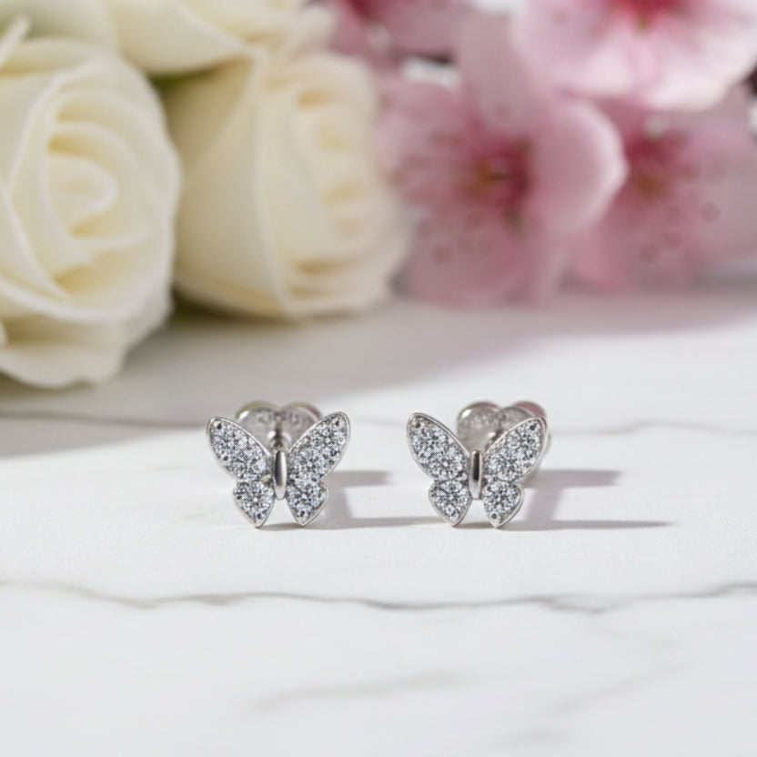Mosaic Butterfly Micro Moissanite Diamond Earrings set in Platinum Plated 925 Silver (GRA)
