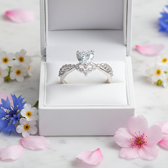 Italian Diamond Heart Design 1 Carat Moissanite Diamond Ring set in Platinum Plated 925 Silver (GRA)