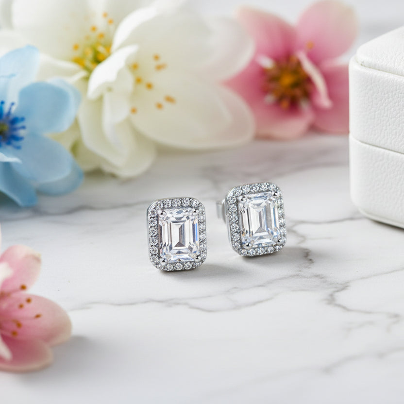 Italian Large Emerald Cut Design 4 Carat Moissanite Diamond Earrings set in 925 Silver (GRA)