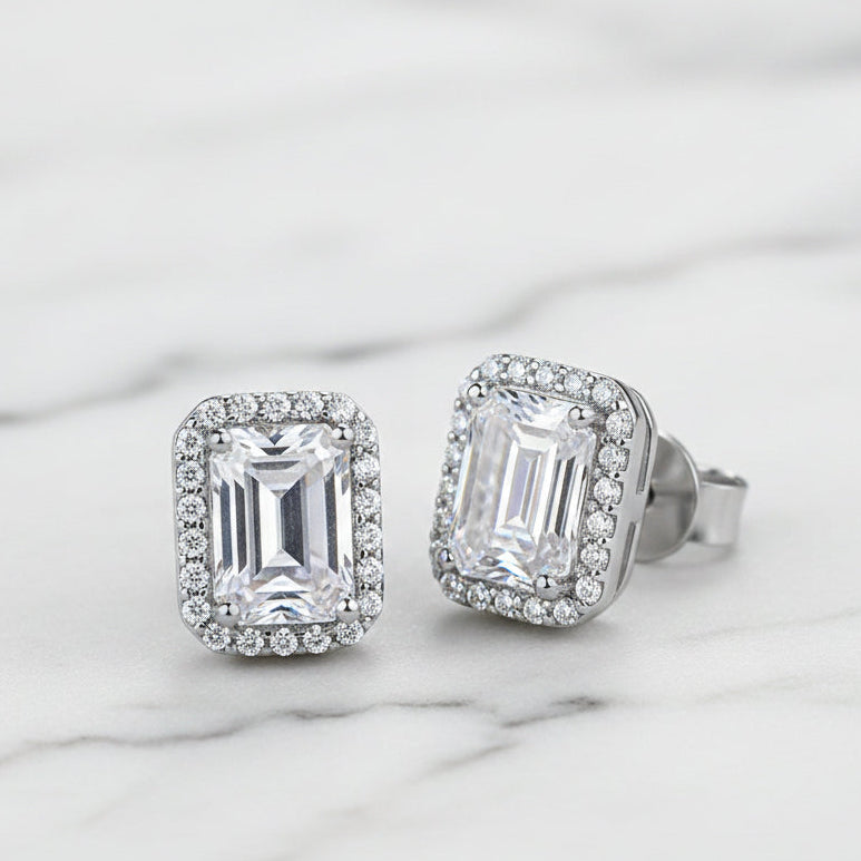 Italian Large Emerald Cut 4 Carat Moissanite Earrings in 18K White Gold Plated 925 Silver (GRA) Capella Jewellery front close up 2