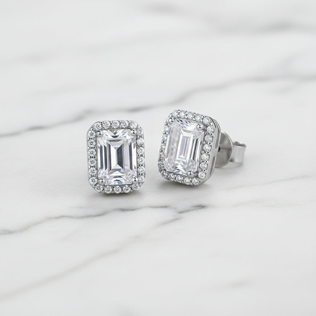 Italian Large Emerald Cut Design 4 Carat Moissanite Diamond Earrings set in 925 Silver (GRA)
