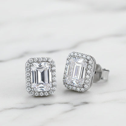 Italian Large Emerald Cut 4 Carat Moissanite Earrings in 18K White Gold Plated 925 Silver (GRA) Capella Jewellery front close up 2