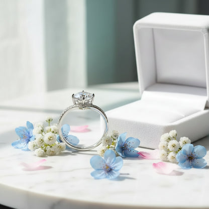 French Chevron Pavé Solitaire 1 Carat Moissanite Ring set in 18K White Gold 925 Silver (GRA) Capella Jewellery