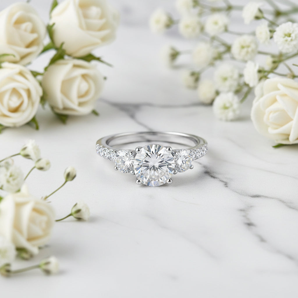French Three Stone Micro Pavé Sides 1.8 Carat Moissanite Ring set in Platinum Plated 925 Silver (GRA) Capella Jewellery