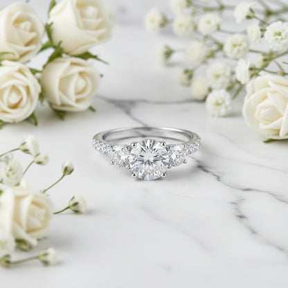 French Three Stone Micro Pavé Sides 1.8 Carat Moissanite Ring set in Platinum Plated 925 Silver (GRA) Capella Jewellery