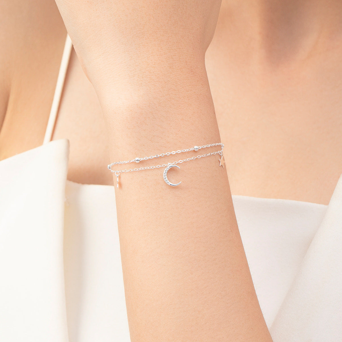 Moon & Stars Micro Zircon Gemstone Twin Layer Bracelet set in 925 Sterling Silver
