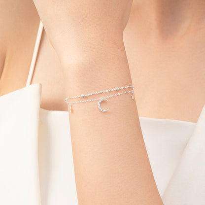 Moon & Stars Micro Natural Zircon Gemstone Twin Layer Bracelet set in Platinum Plated 925 Sterling Silver Capella Jewellery