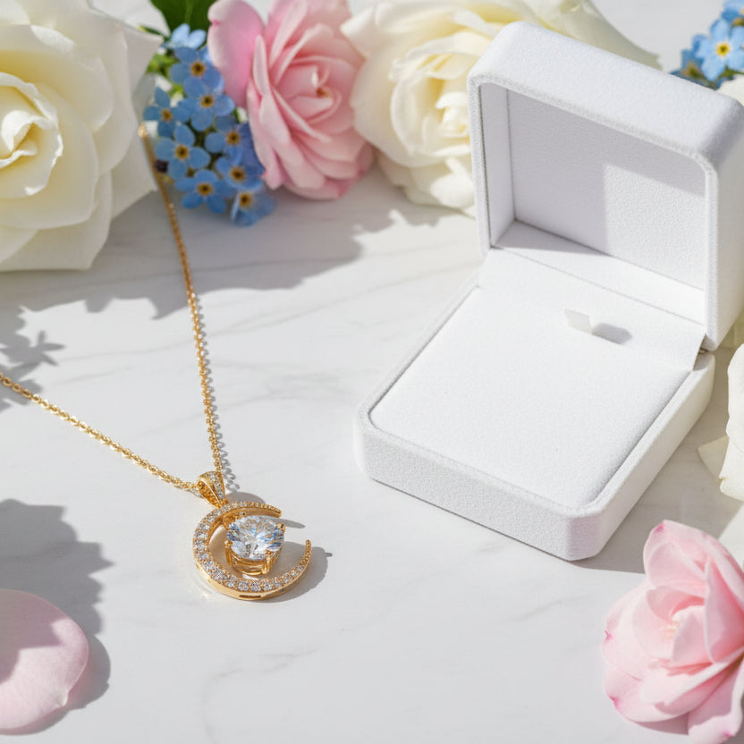 Crescent Moon & Star 2.3 Carat Moissanite Necklace set in 18K White Gold Plated 925 Silver (GRA) Capella Jewellery