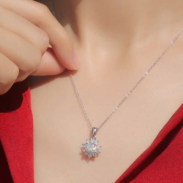 French Sunflower Design 1 Carat Moissanite Diamond Pendant Necklace set in 925 Silver (GRA)
