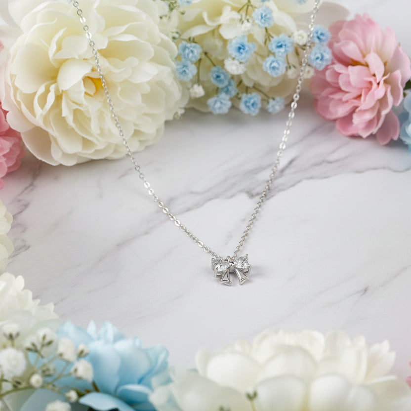 Princess Bow Micro Natural Zircon Gemstone Pendant Necklace set in Pure 999 Silver