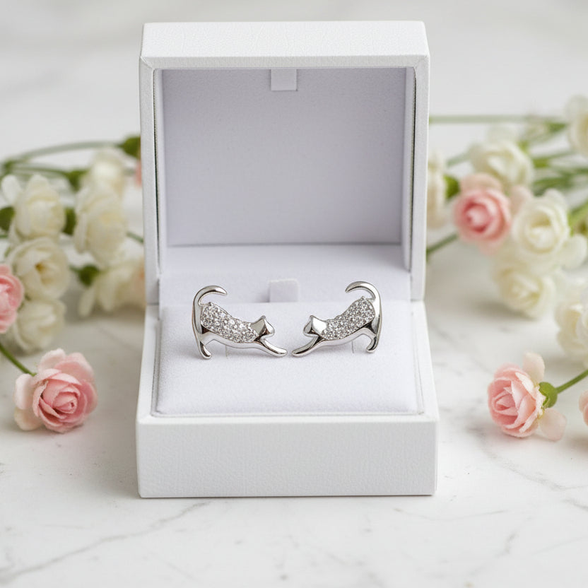French Mini Cat Design Micro Natural Zircon Gemstone Earrings set in Platinum Plated 925 Silver
