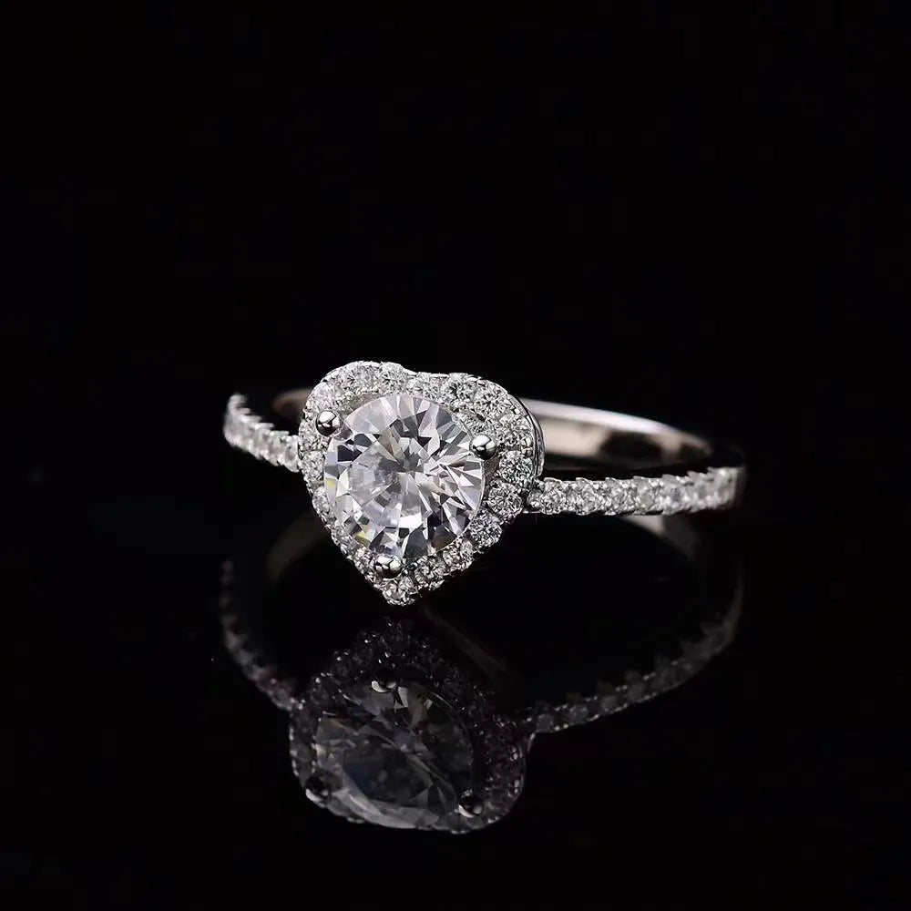 European Diamond Heart 1 Carat Moissanite Diamond Ring set in Platinum Plated 925 Silver (GRA)